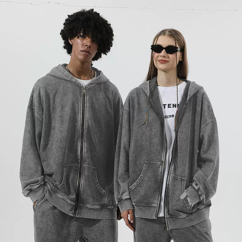 欧美做旧开衫卫衣定制印logo拉链连帽大码落肩复古大毛圈oversize