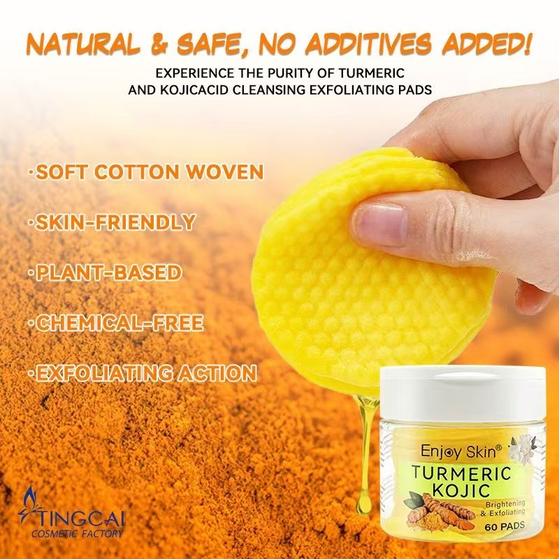 Cross-border kojic acid turmeric facial cleansing pads and exfoliating cotton pads for export and skincare product processing.