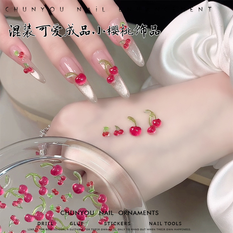 Nuevo estilo pequeño cereza manicura diamante verano hielo rojo cereza tridimensional dibujos animados lindo estilo niña decoración de uñas
