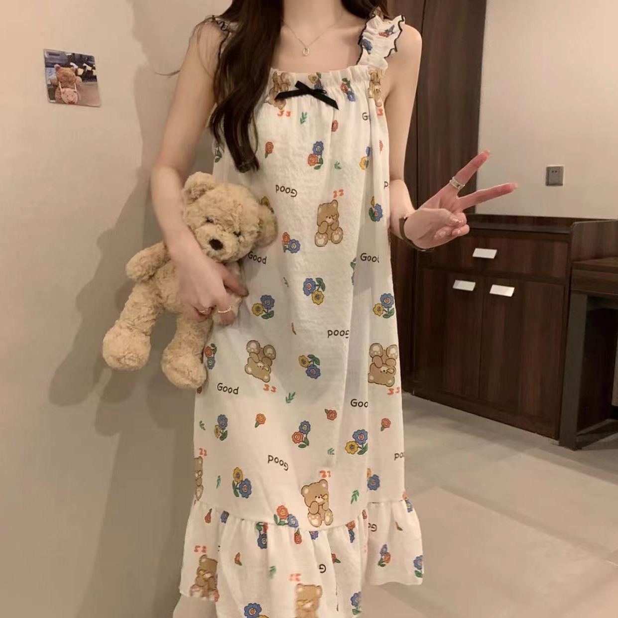 爆款睡裙女带胸垫可拆卸泡泡棉夏季新款吊带印花公主风家居睡衣