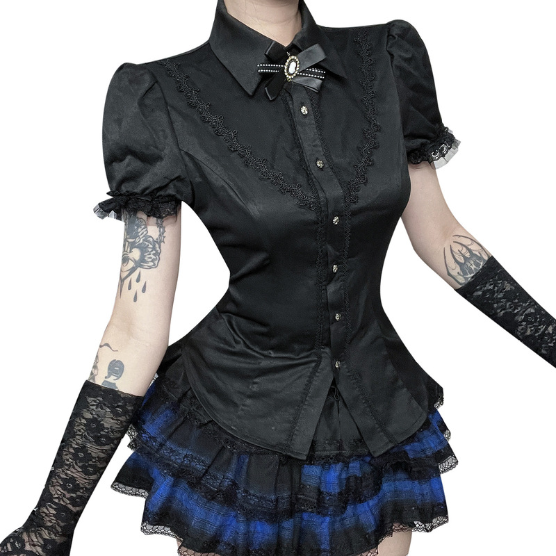 XS25165 ベーシックシャツトップダークスタイル夏の新しいレトロな着用カレッジスタイルレーストップ女性のための|undefined