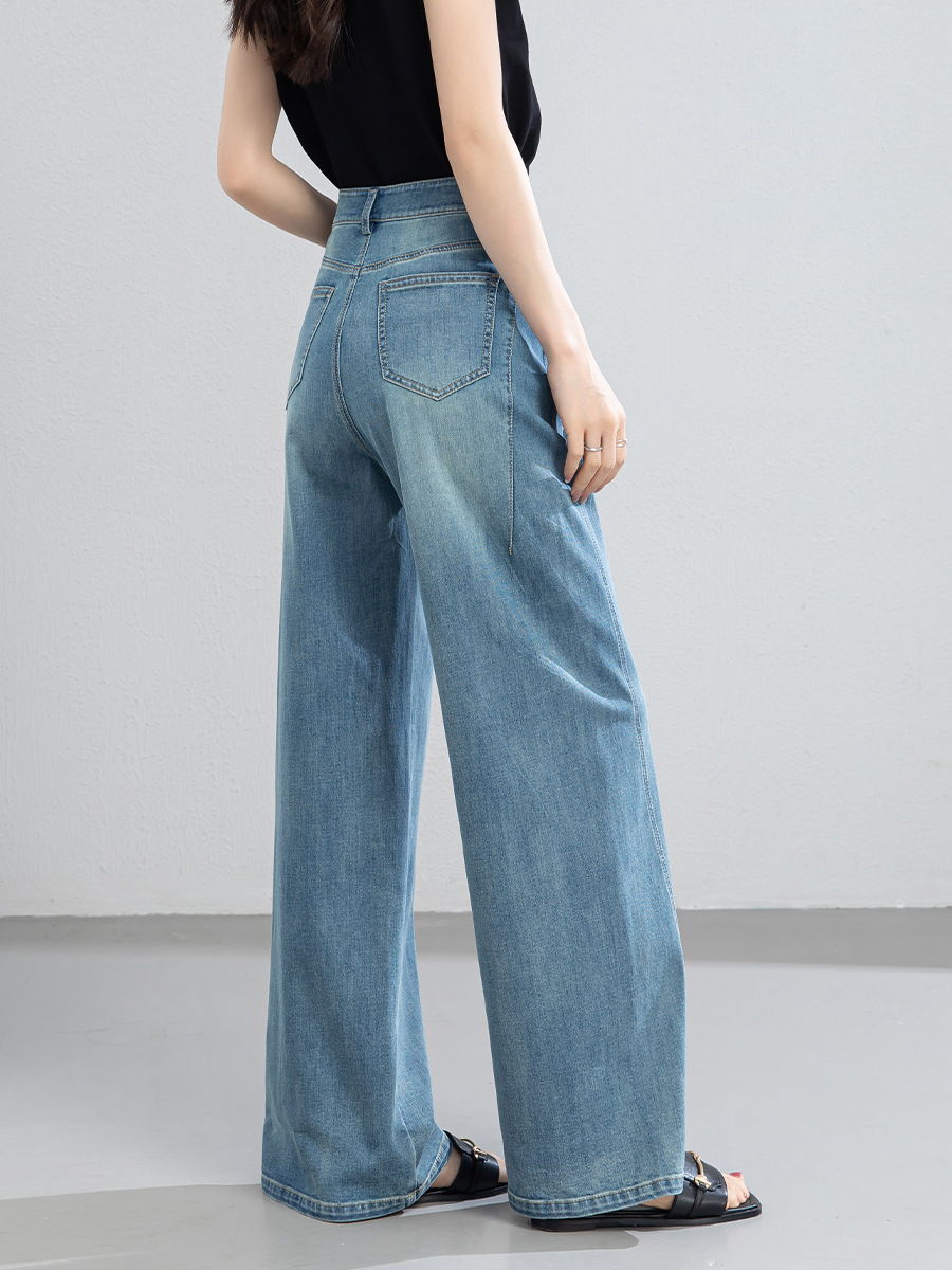 Quần jean nữ ống rộng cạp cao chất vải denim pha sợi tencel mềm mại — xanh lam