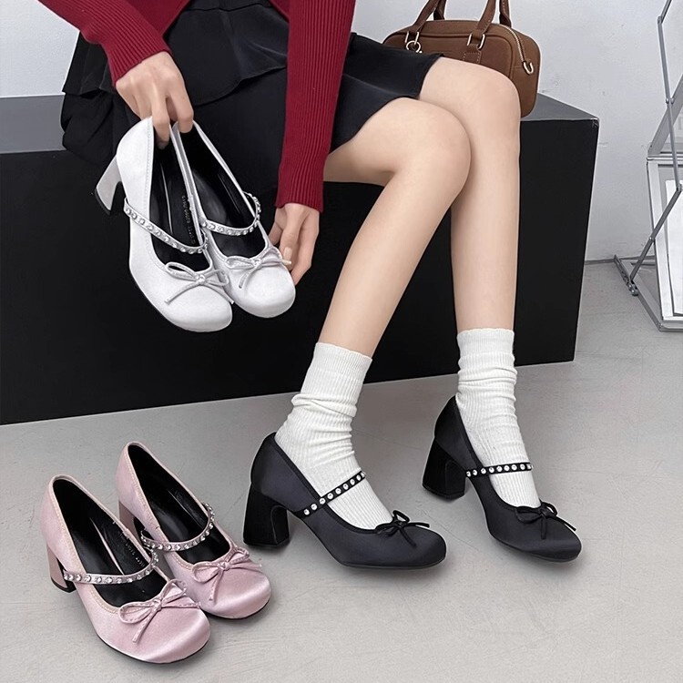 Pink Chanel Style Women's Shoes Spring and Autumn New Cute Bow Rhinestone One-character Round-toe High Heel Mary Jane Shoes