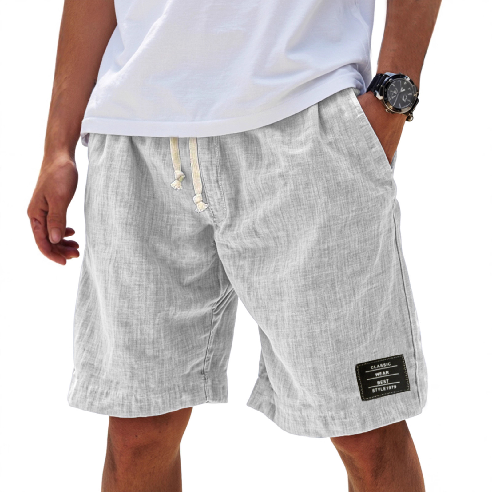 2025 New Amazon Cross-Border Linen Solid Color Embroidered Black Label Shorts Men's Summer Loose Beach Pants