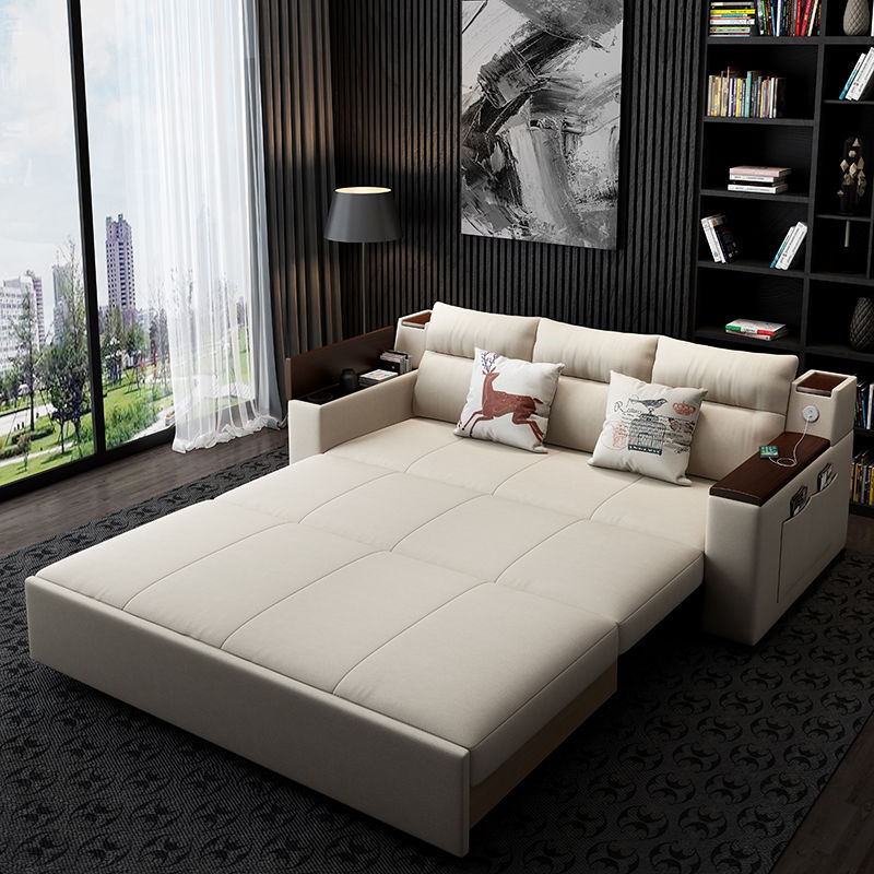 3x minimalist foldable solid wood sofa bed, dual-purpose double living room small apartment storage multi-functional fabric three-person push