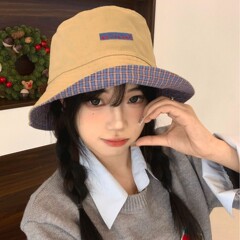 韩系双面戴格子渔夫帽子女春秋休闲百搭盆帽复古气质显脸小遮阳帽