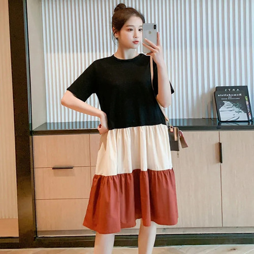 Korean-style T-shirt Dress with Colorblock Design, Loose-Fit Plus-Size Fashionable & Chic Mid-Length Skirt Over-the-Knee for Summer