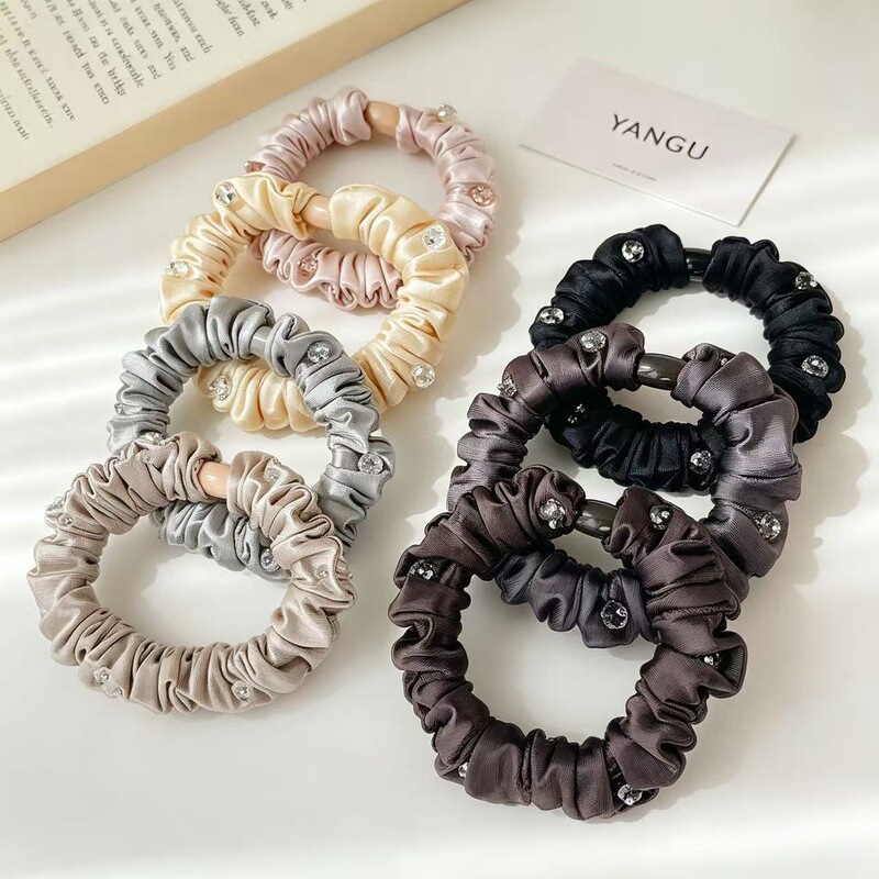 New Korean high-end crystal satin hair tie with rhinestones, pleated hair band, versatile and stylish, high elasticity scrunchie for women
