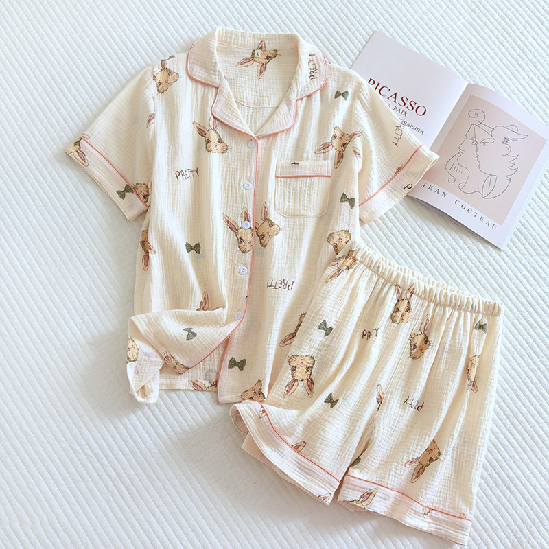 Summer Women's Cotton Home Clothes Short-sleeved Cardigan Shorts Thin Gauze Printed Pajamas Set Cotton Loose