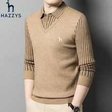 hazzys哈吉斯冬季衬衫领男士假两件套毛衣针织打底衫纯色羊毛衫男