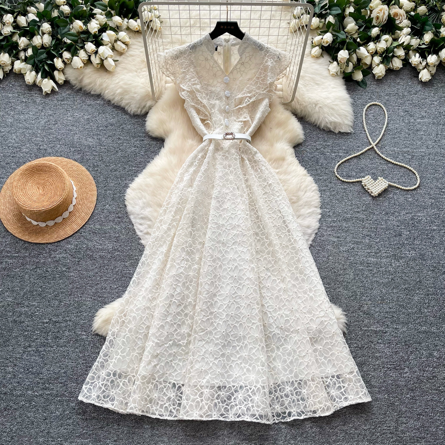 Elegant Lace A-Line Sundress For Women, High Waist Sleeveless Summer Maxi Dress_ecoleips.com