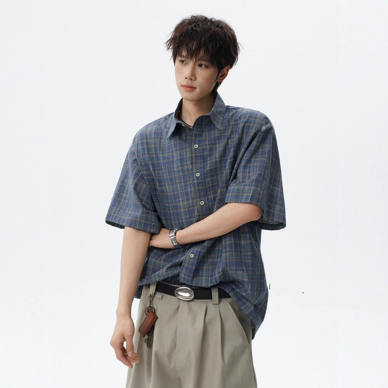 Japanese Retro Lazy Style Plaid Short-Sleeve Shirt for Men and Women, Summer Relaxed Loose Casual Versatile Shirt Jacket