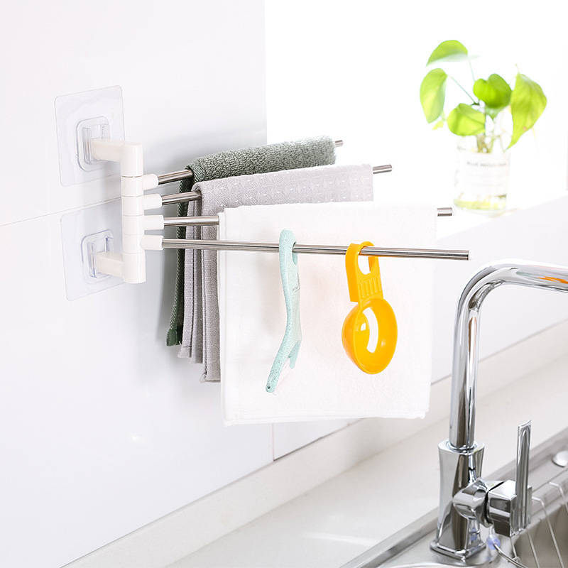 Multifunctional Traceless Adhesive Four-Bar Towel Rack, Stainless Steel Towel Rack, Kitchen and Bathroom No-Drill Towel Storage Hanger