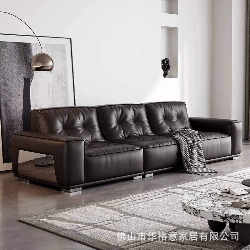 Диван для гостиной из массива дерева и кожи, современный минималистичный стиль, Foshan, на 3-4 человека, прямой ряд, первая слой коровьей кожи, черный ромбовидный диван