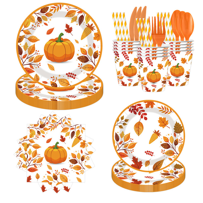 Cross-Border Autumn Pumpkin Thanksgiving Party Supplies Disposable Party Paper Plates Paper Cups Paper Towels Straws Knives Tableware