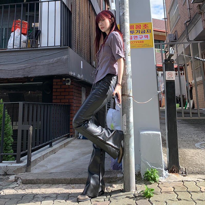 MINGHAI 2024 유행 자매 맛 모든 경기 폭발 가죽 바지 하이 엔드 캐주얼 다채로운 단일 제품 가죽 플라 바지