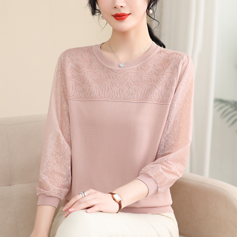 妈妈秋装纱袖打底小衫中年女春秋时尚针织上衣中老年洋气t恤套装