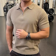 高品质半拉链冰丝针织衫男士夏季时尚简约修身T恤轻熟风薄款短袖T