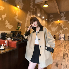 意法韩系撞色拼皮设计小个子短款风衣女早秋气质宽松外套撞色拼接