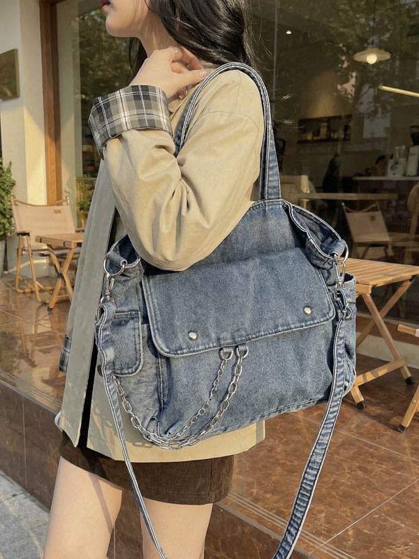 Bolso coreano de lavado con agua Jeans Buttot para mujeres 2026 nuevo tipo transfronterizo de bolso de hombro casual de gran capacidad