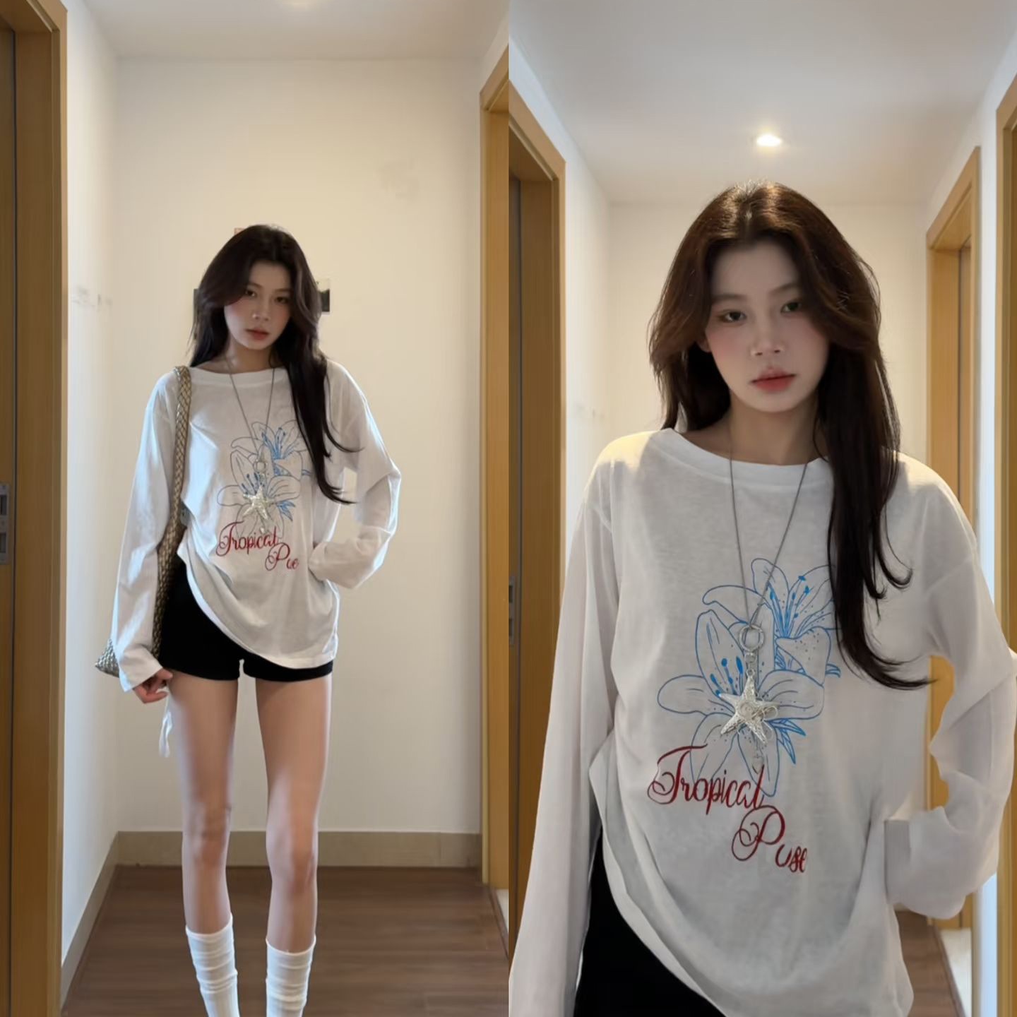 [오리지널 품질] 여성용 여름 신작 화이트 오른쪽 어깨 긴팔 티셔츠 루즈한 디자인 한국 스타일 자외선 차단 블라우스