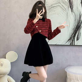 假两件小香风粗花呢连衣裙女秋冬小洋装新年圣诞红韩式千金花苞裙