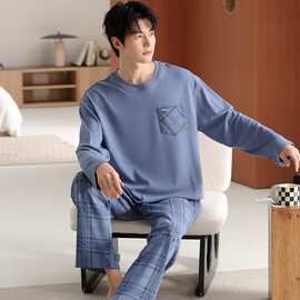 【L-4XL】春秋新款纯棉男士长袖长裤套头睡衣印花休闲男家居服