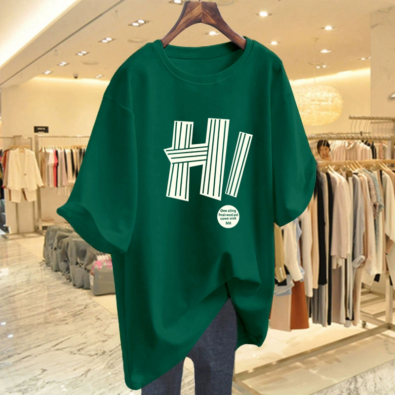 2024 летняя новая хлопковая футболка с короткими рукавами, Женская свободная футболка больших размеров, европейский Топ средней длины с короткими рукавами, модная рубашка