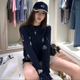 现货高质量TB家小鸟玫瑰满印圆领毛衣女时尚百搭简约风长袖上衣