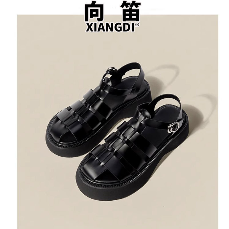 Genuine Leather Toe-Cap Sandals for Women, Woven Pig Cage Shoes, Thick-Soled Hollow Hole Shoes, Summer Casual Beach Roman Women's Shoes