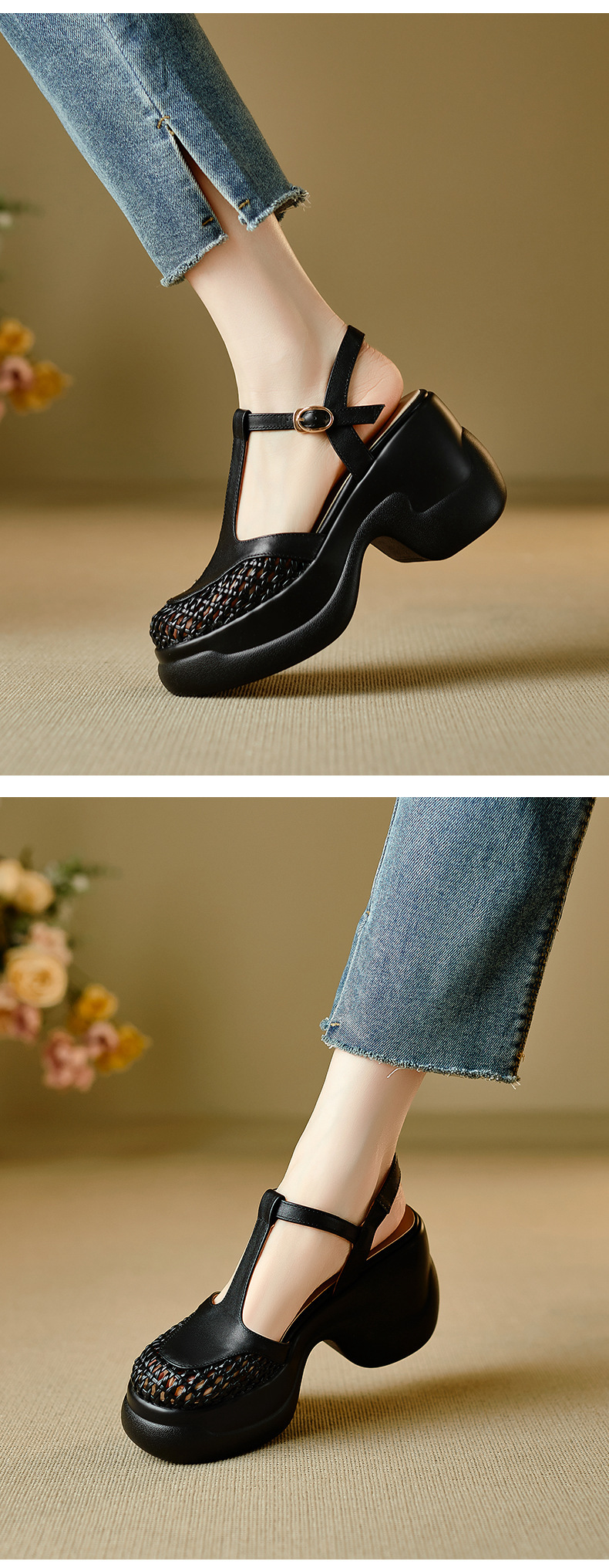 Sandal nữ quai chữ T đế xốp dày phong cách La Mã — đen chi tiết 5