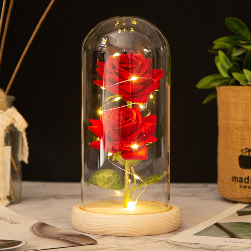 Pequeño Príncipe cubierta de vidrio dos rosas artificiales decoración creativa Navidad regalo del Día San Valentín flor eterna al por mayor