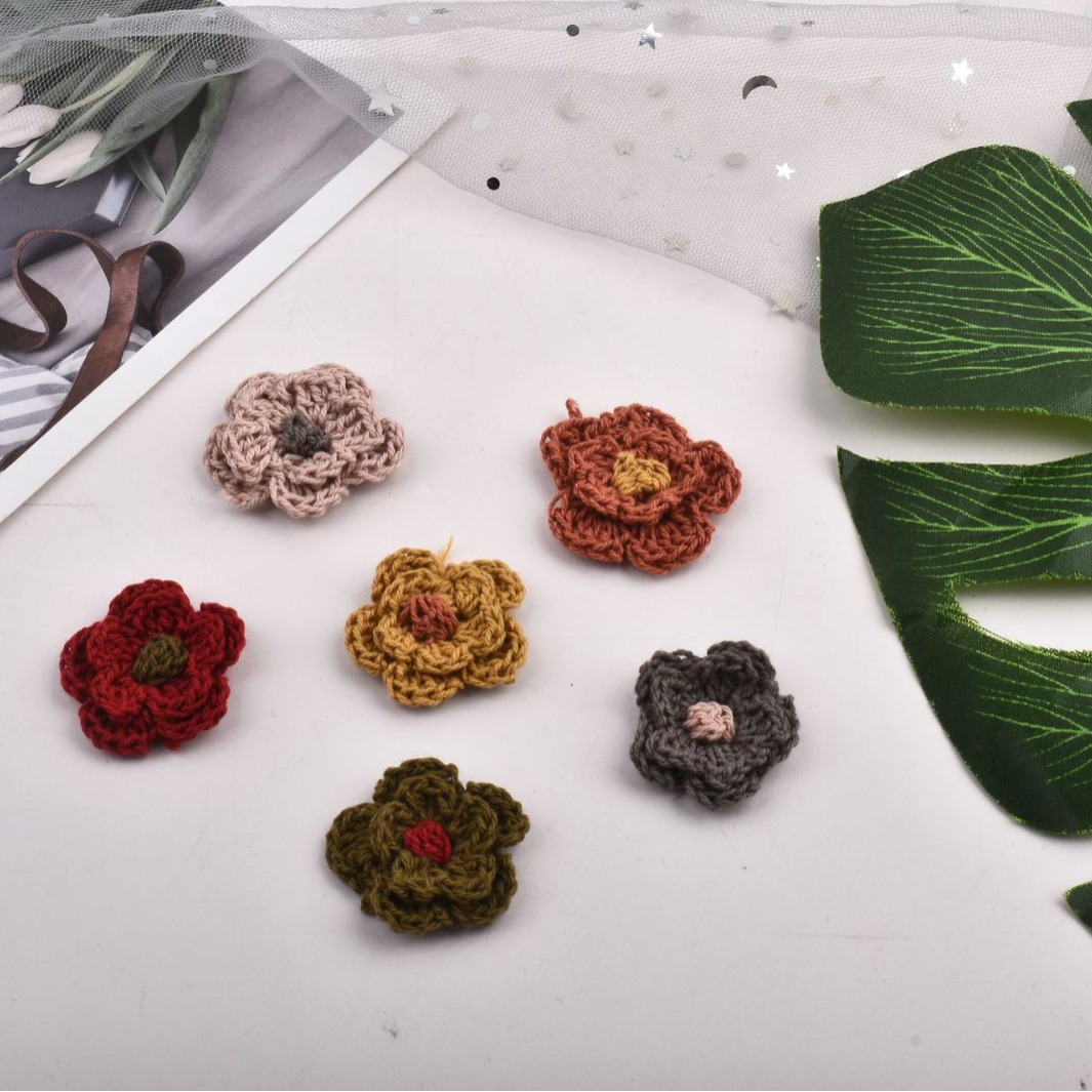 双层带芯手钩花DIY手工编织毛线花朵发夹卡头饰鞋帽箱包配饰配件