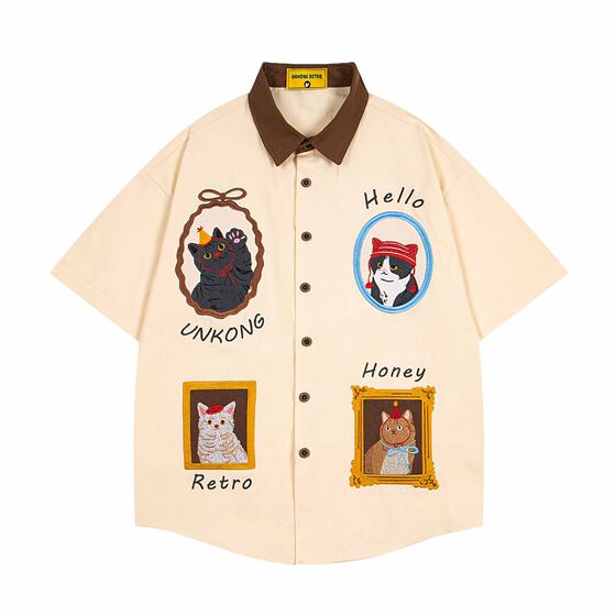 American Style Vintage vintage Fun Cat Embroidered Short Sleeve Shirt Men's and Women's Summer Loose Top Trendy