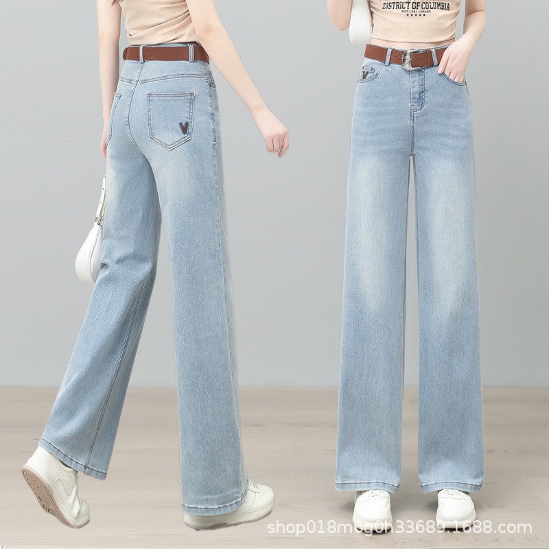 浅色时尚牛仔直筒裤女秋冬季加绒加厚宽松腿裤显瘦配腰带百搭长裤