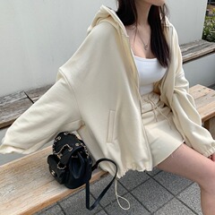 东大门秋季新品韩系慵懒风宽松落肩开衫卫衣外套+高腰短裙套装女