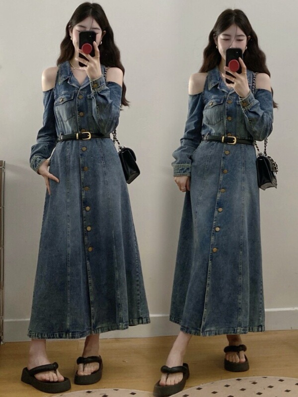 Blue Retro Off-The-Shoulder Denim Dress for Women, Spring and Autumn, Plus Size, High-End, Unique, Beautiful Long Dress
