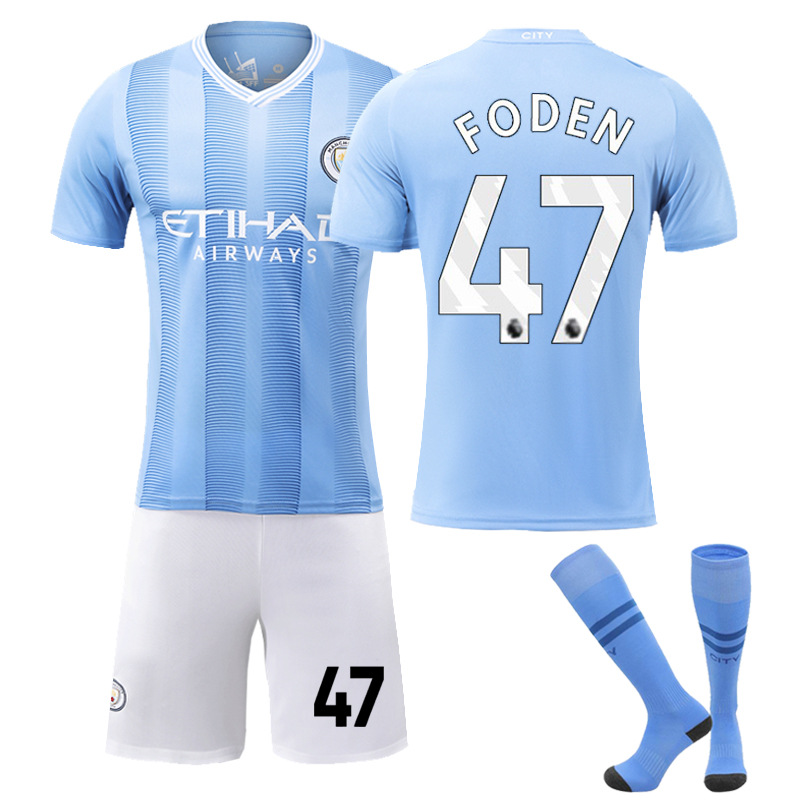 thumbnail image 1 of 2324 Manchester City versión correcta en casa No. 9 Haaland No. 17 De Bruyne ropa de fútbol traje para niños y adultos, 1 of 5