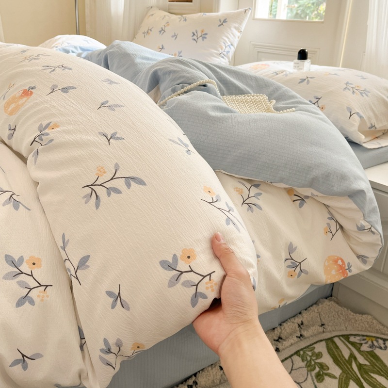 小清新四件套纯棉小碎花被套宿舍木棉双层纱床单三件套亲肤裸睡A
