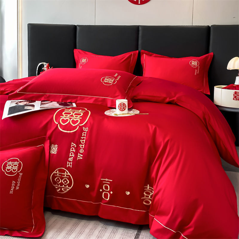 Hot 240 Piece Pure Cotton Wedding Set Four Piece Queen Size 100% Cotton Bedspread New Marriage Red Bedspread Cover Wedding Set