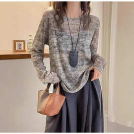 灰色上衣复古圆领银线2025新款时尚T恤薄款慵懒防晒打底洋气长袖