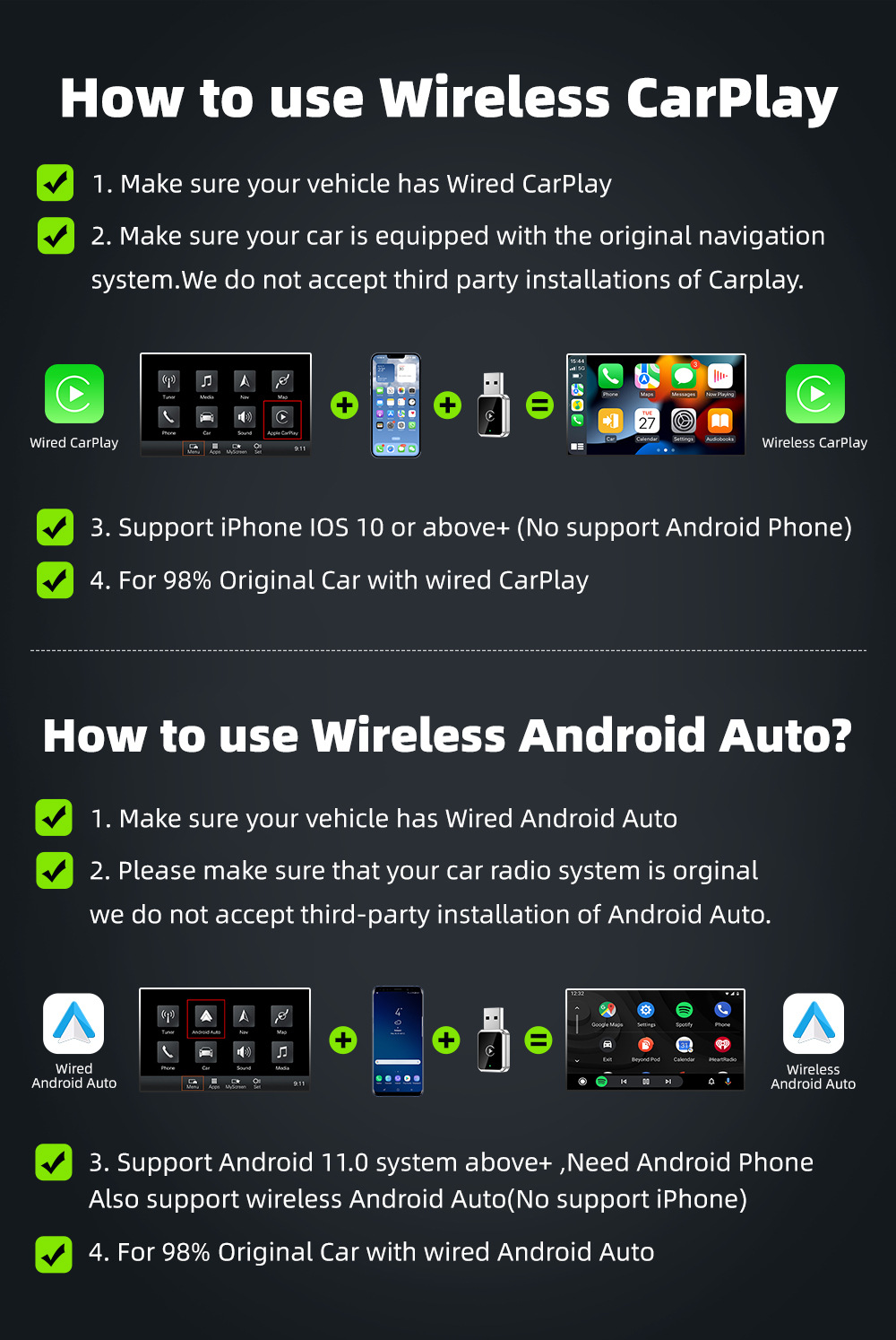 Wireless Carplay Car Box USB Smart Interconnect for Android and Iphone, Universal, No Wiring Required, High-Definition Screen Projection