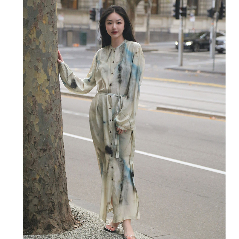Ji Series ~ Spanish Niche Ink Abstract Printed Buckle Belt Long Dress Slim Elegant Long Dress