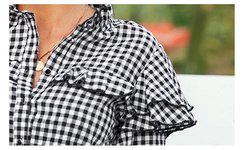 Black & White Plaid Round Neck Ruffled Long-Sleeved Polyester Loose Casual Blouse NSSI79386