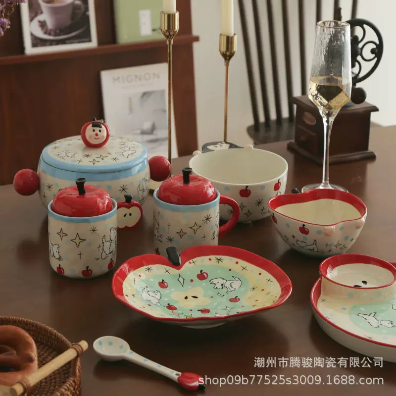 【苹安喜乐】可爱碗盘套装家用陶瓷米饭碗釉下彩汤碗乔迁餐具汤盘