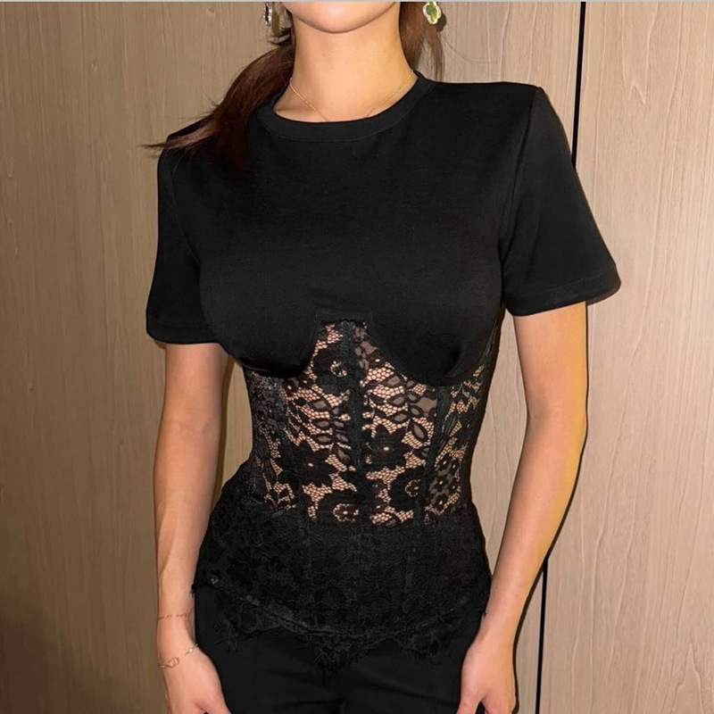 Cross-Border Foreign Trade Spring and Summer New European and American Women's Fashion Sexy Round Neck Lace See-Through Trim Patchwork Crop Top