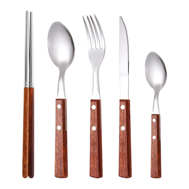 Transfronterizo Amazon 304 flores de madera de pera cubiertos de acero inoxidable mango de madera sólida cuchillo y tenedor cuchara set hotel hogar cuchillo y tenedor