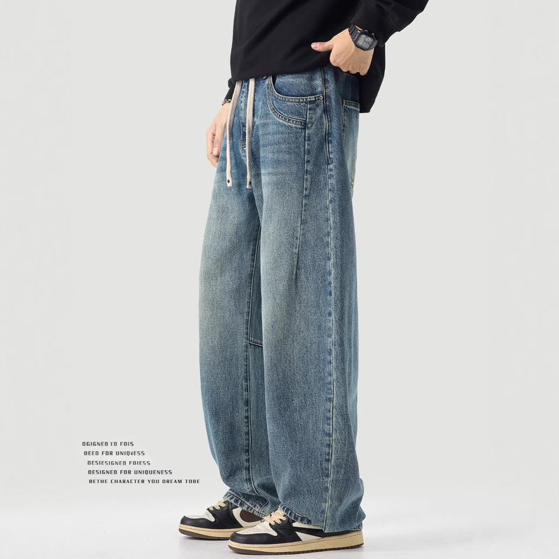 Pure Cotton High-Weight Denim Jeans for Men, Autumn 2025 New Style, Drawstring Loose Fit, Elastic Waist, Straight-Leg, Washed, Curved Hem Pants Pure Cotton High-Weight Denim Jeans for Men, Autumn 2025 New Style, Drawstring Loose Fit, Elastic Waist, Straight-Leg, Washed, Curved Hem Pants