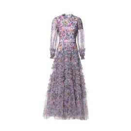 婚礼长袖连衣裙 欧根纱褶皱优雅礼服裙 欧美女装长裙热销 婚纱裙