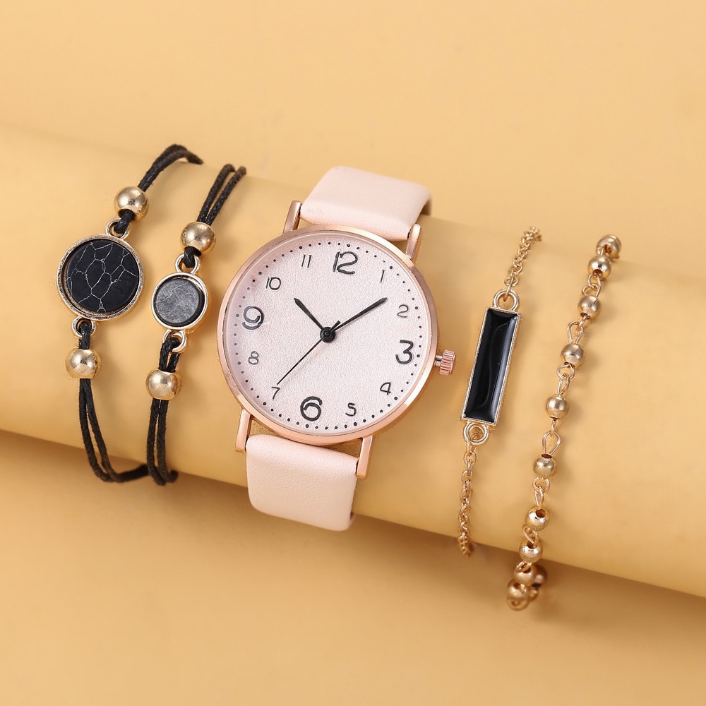 exclusive for simple and versatile fresh preppy style trend belt quartz watch + bracelet (5pcs/set)_voghion.com